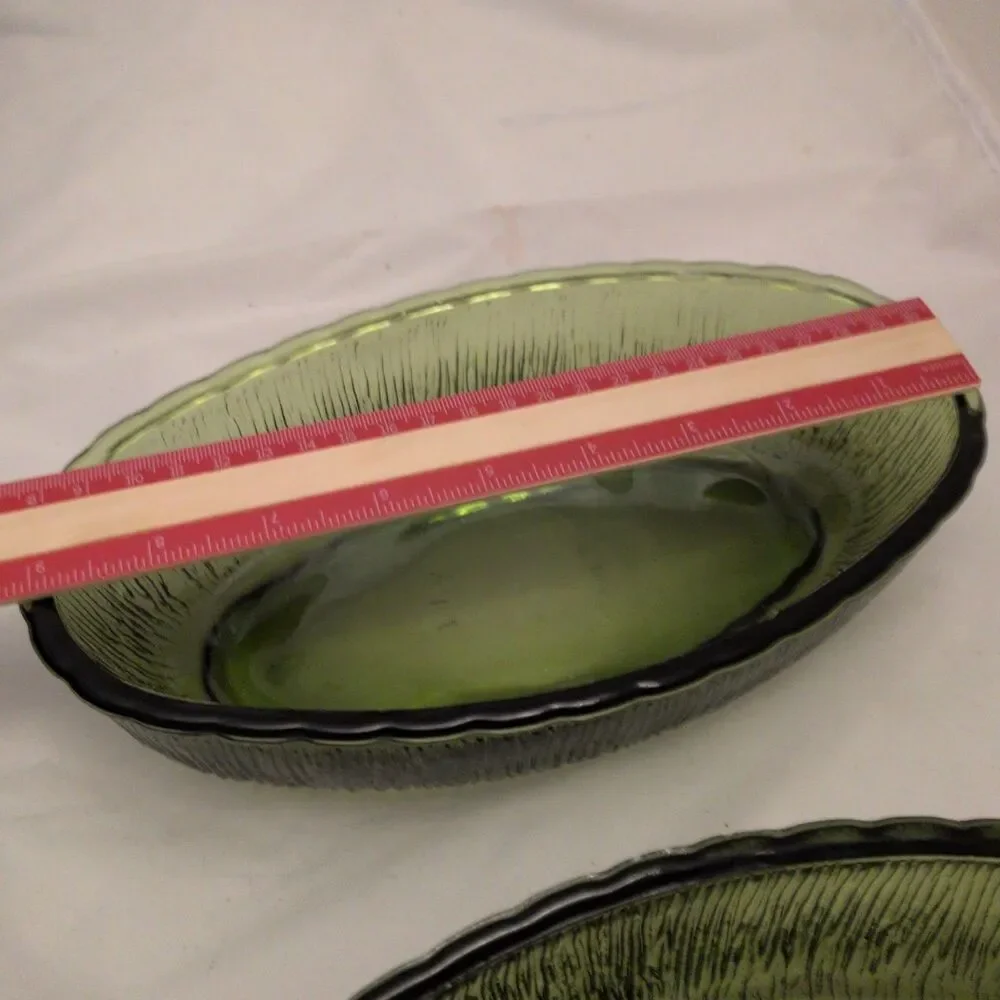 Vintage 1975 FTD Avocado Green Oval Glass Bowls - Set of 2 Bark Textured Mid...